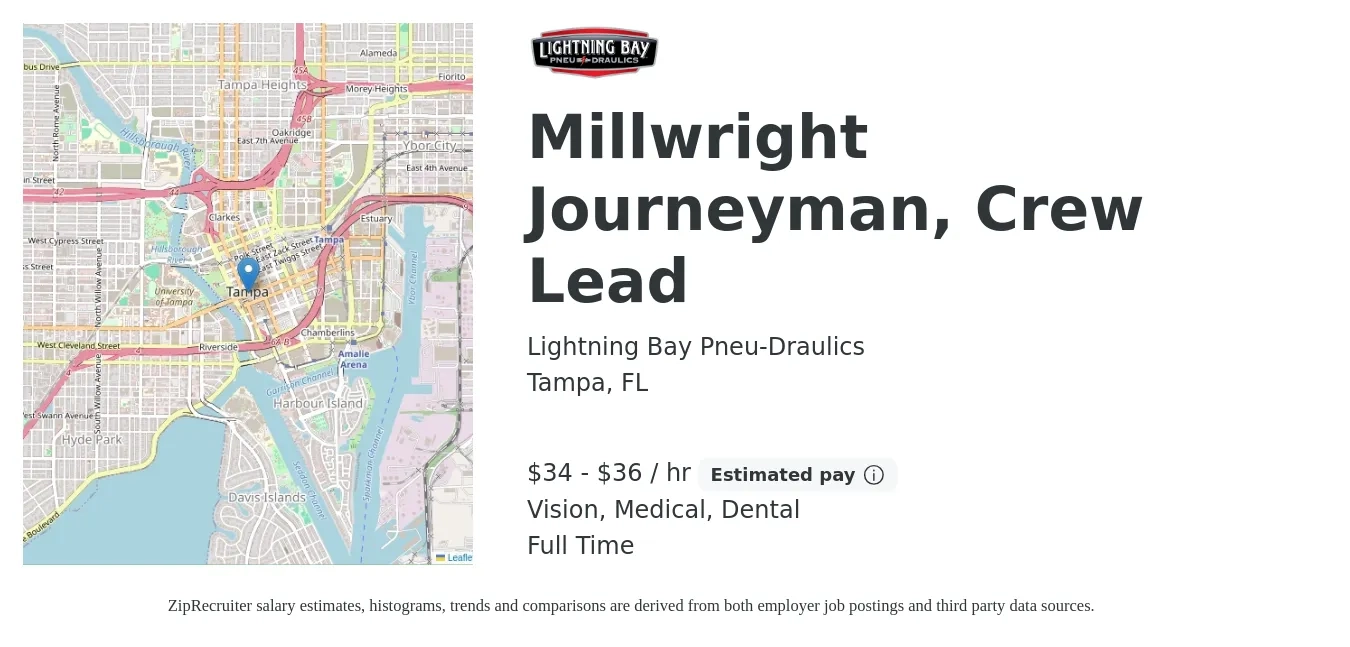 Lightning Bay Pneu-Draulics job posting for a Millwright Journeyman, Crew Lead in Tampa, FL with a salary of $36 to $38 Hourly and benefits including retirement, vision, dental, life_insurance, medical, and pto with a map of Tampa location.