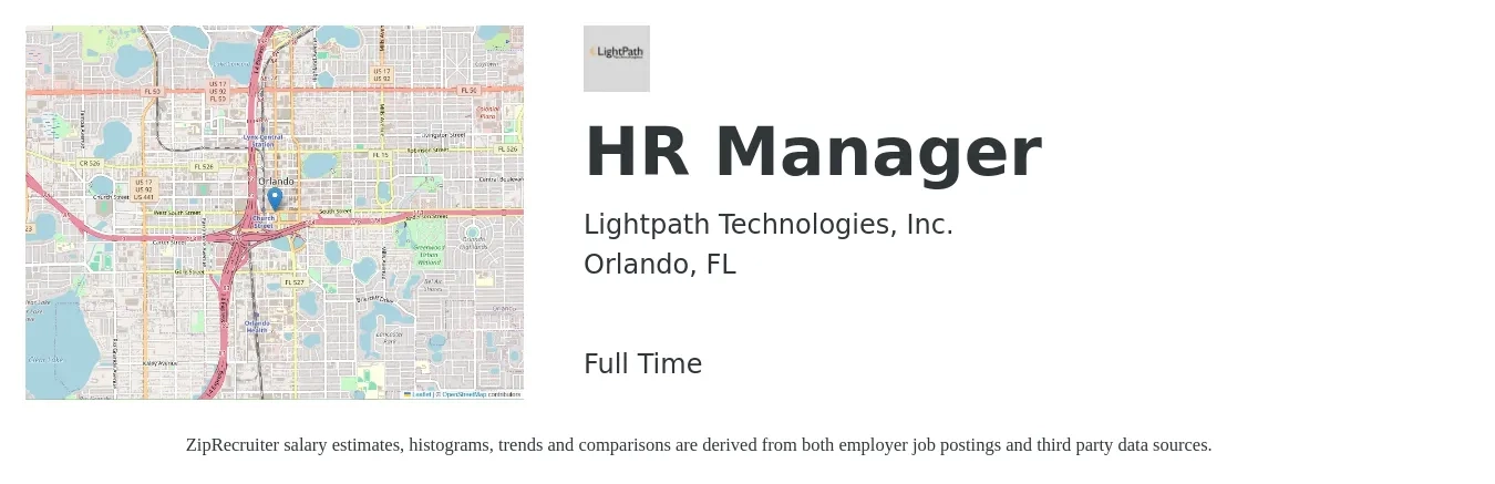 Lightpath Technologies, Inc. job posting for a HR Manager in Orlando, FL with a salary of $60,000 to $87,000 Yearly with a map of Orlando location.