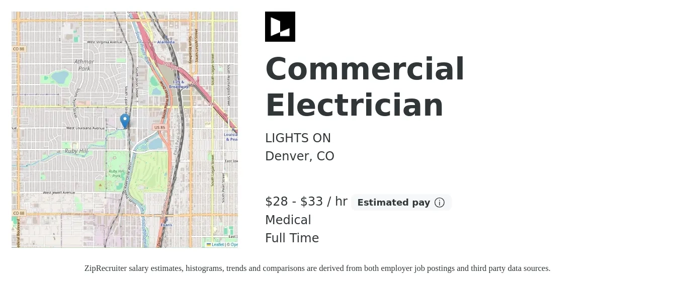 LIGHTS ON job posting for a Commercial Electrician in Denver, CO with a salary of $30 to $35 Hourly and benefits including medical, and pto with a map of Denver location.