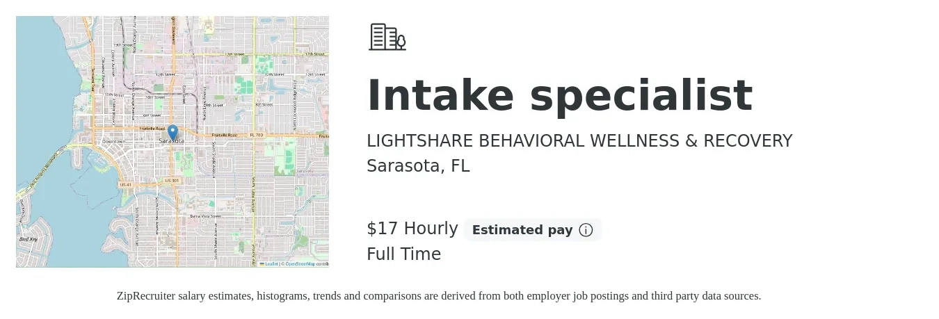 LIGHTSHARE BEHAVIORAL WELLNESS & RECOVERY job posting for a Intake specialist in Sarasota, FL with a salary of $18 Hourly with a map of Sarasota location.