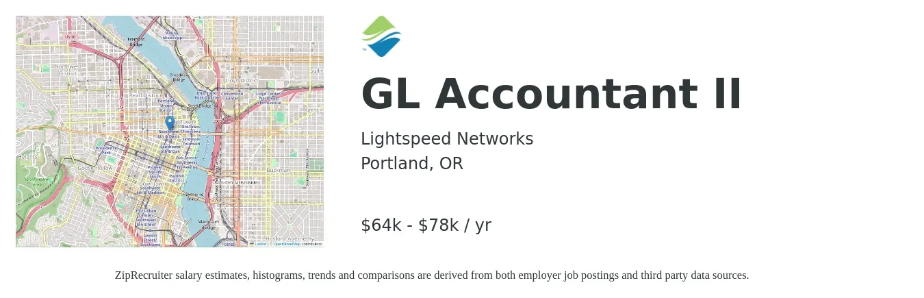 Lightspeed Networks job posting for a GL Accountant II in Portland, OR with a salary of $64,000 to $78,200 Yearly with a map of Portland location.