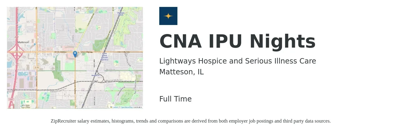Lightways Hospice and Serious Illness Care job posting for a CNA IPU Nights in Matteson, IL with a salary of $17 to $23 Hourly with a map of Matteson location.