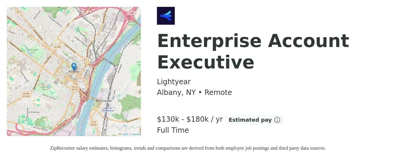 Lightyear job posting for a Enterprise Account Executive in Albany, NY with a salary of $130,000 to $180,000 Yearly with a map of Albany location.