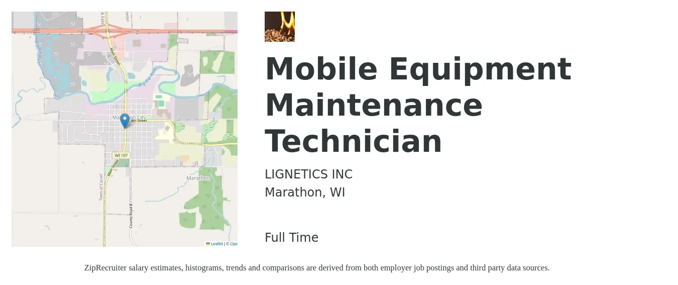 LIGNETICS INC job posting for a Mobile Equipment Maintenance Technician in Marathon, WI with a salary of $21 to $29 Hourly with a map of Marathon location.