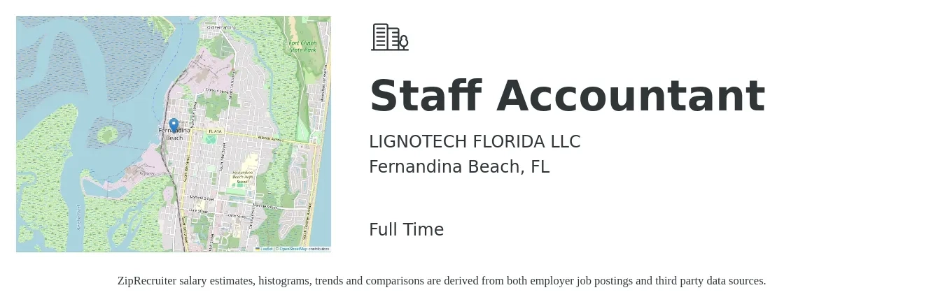 LIGNOTECH FLORIDA LLC job posting for a Staff Accountant in Fernandina Beach, FL with a salary of $50,900 to $67,100 Yearly with a map of Fernandina Beach location.