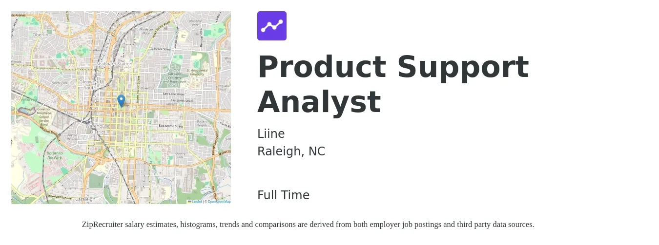 Liine job posting for a Product Support Analyst in Raleigh, NC with a salary of $29 to $49 Hourly with a map of Raleigh location.