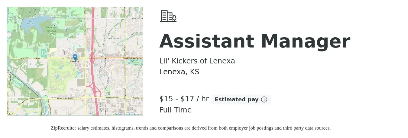 Lil' Kickers of Lenexa job posting for a Assistant Manager in Lenexa, KS with a salary of $16 to $18 Hourly with a map of Lenexa location.