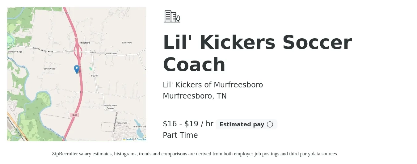 Lil' Kickers of Murfreesboro job posting for a Lil' Kickers Soccer Coach in Murfreesboro, TN with a salary of $17 to $20 Hourly with a map of Murfreesboro location.