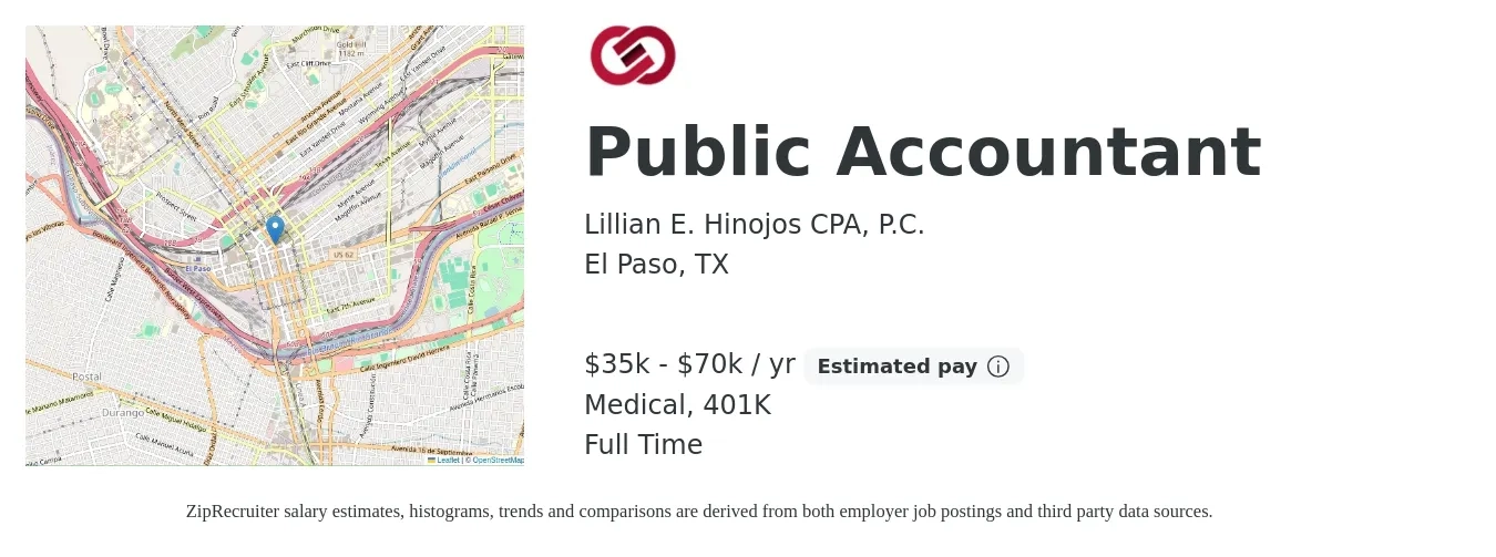 Lillian E. Hinojos CPA, P.C. job posting for a Public Accountant in El Paso, TX with a salary of $35,000 to $70,000 Yearly and benefits including life_insurance, medical, and 401k with a map of El Paso location.