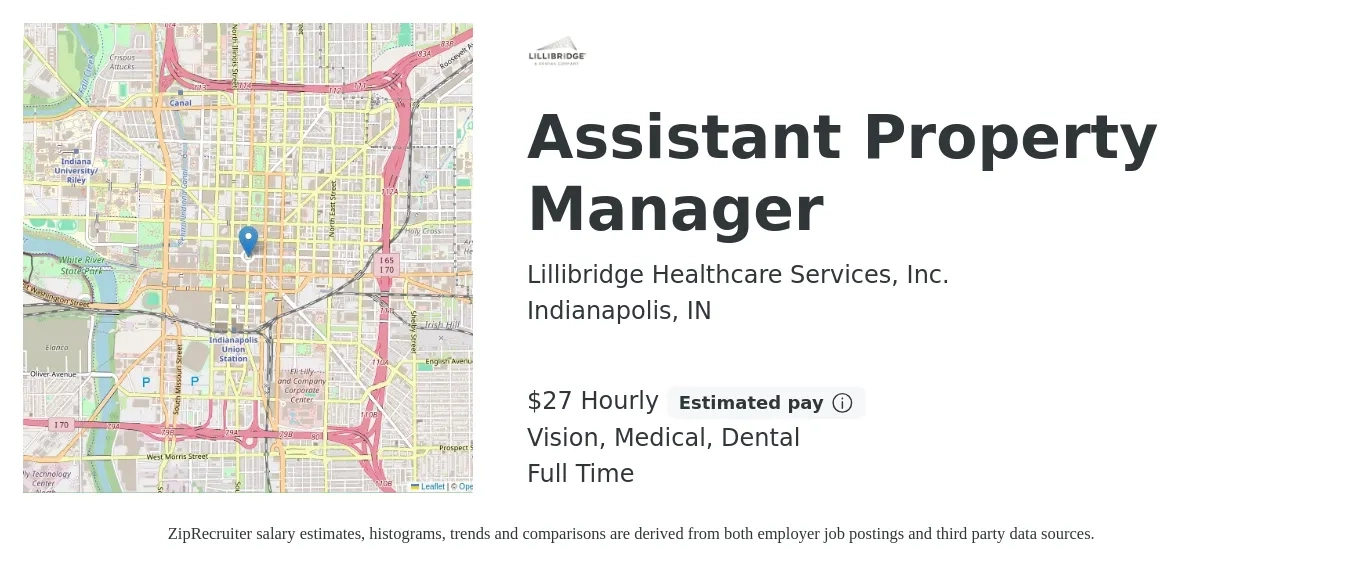 Lillibridge Healthcare Services job posting for a Assistant Property Manager in Indianapolis, IN with a salary of $29 Hourly and benefits including dental, life_insurance, medical, pto, retirement, and vision with a map of Indianapolis location.