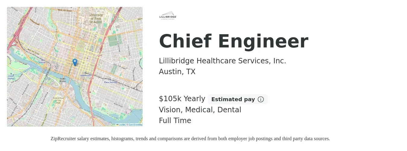 Lillibridge Healthcare Services job posting for a Chief Engineer in Austin, TX with a salary of $105,000 Yearly and benefits including dental, life_insurance, medical, pto, retirement, and vision with a map of Austin location.