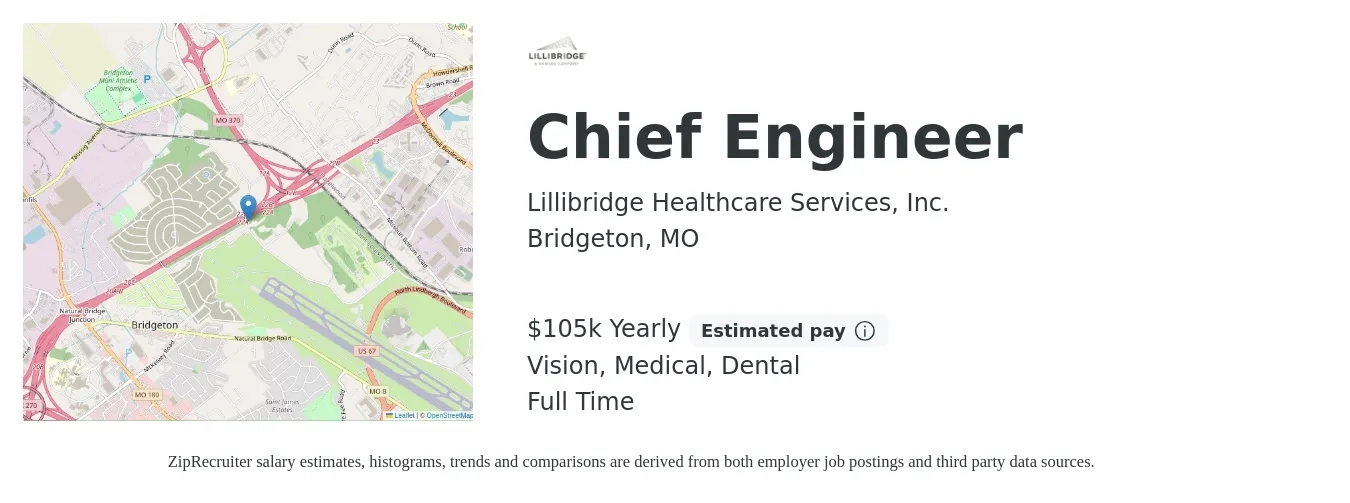 Lillibridge Healthcare Services job posting for a Chief Engineer in Bridgeton, MO with a salary of $105,000 Yearly and benefits including pto, retirement, vision, dental, life_insurance, and medical with a map of Bridgeton location.