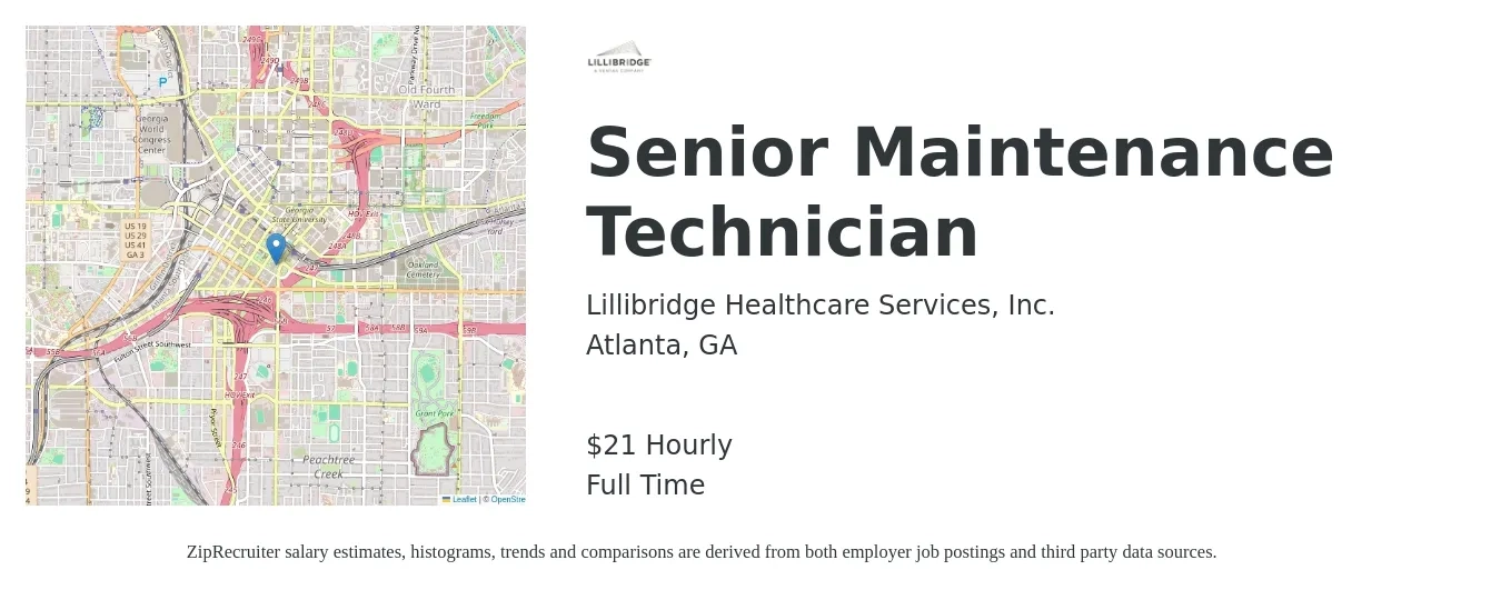 Lillibridge Healthcare Services job posting for a Senior Maintenance Technician in Atlanta, GA with a salary of $25 Hourly and benefits including vision, dental, life_insurance, medical, pto, and retirement with a map of Atlanta location.