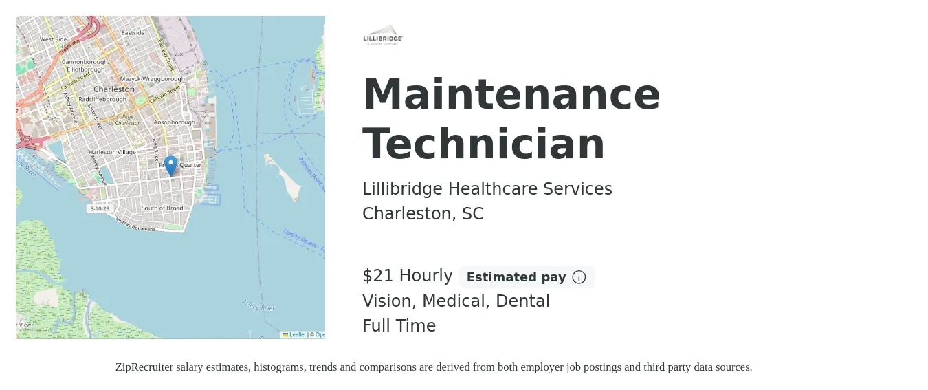 Lillibridge Healthcare Services job posting for a Maintenance Technician in Charleston, SC with a salary of $22 Hourly and benefits including pto, retirement, vision, dental, life_insurance, and medical with a map of Charleston location.
