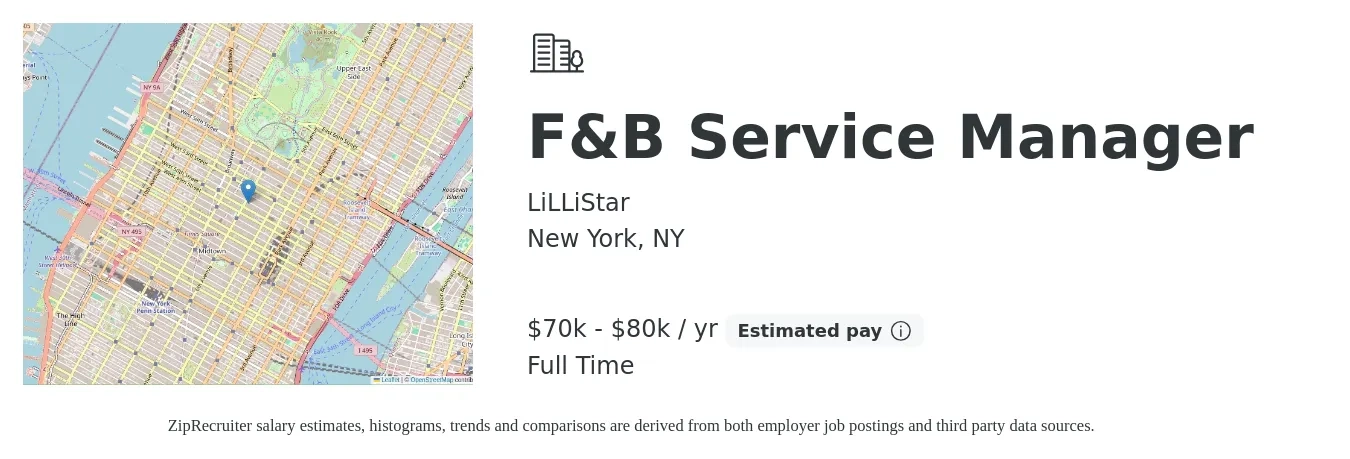 LiLLiStar job posting for a F&B Service Manager in New York, NY with a salary of $70,000 to $80,000 Yearly with a map of New York location.