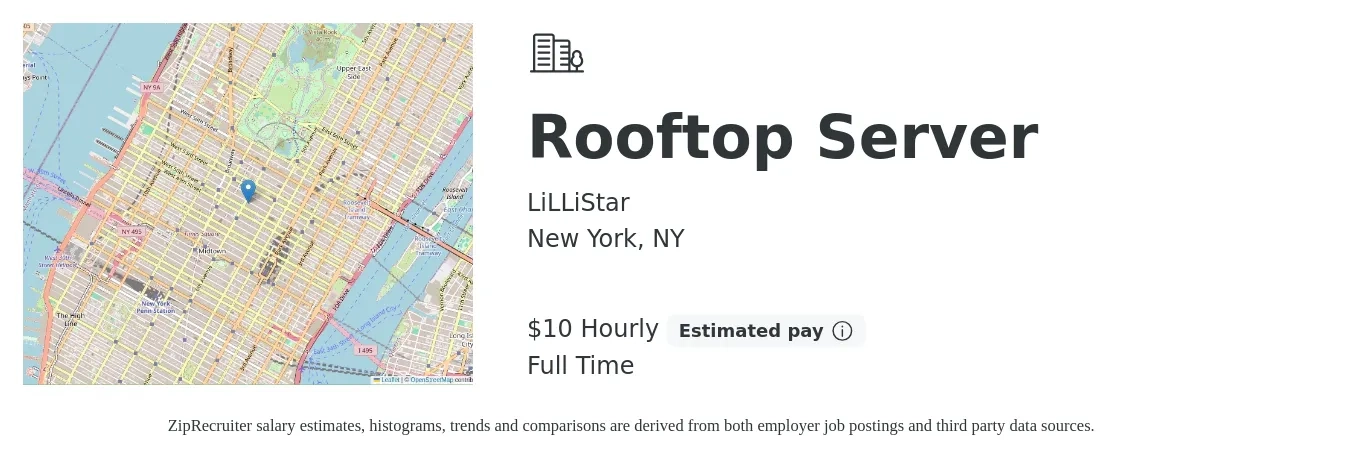 LiLLiStar job posting for a Rooftop Server in New York, NY with a salary of $11 Hourly with a map of New York location.