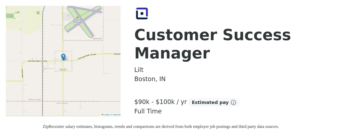 Lilt job posting for a Customer Success Manager in Boston, IN with a salary of $90,000 to $100,000 Yearly (plus commission) with a map of Boston location.