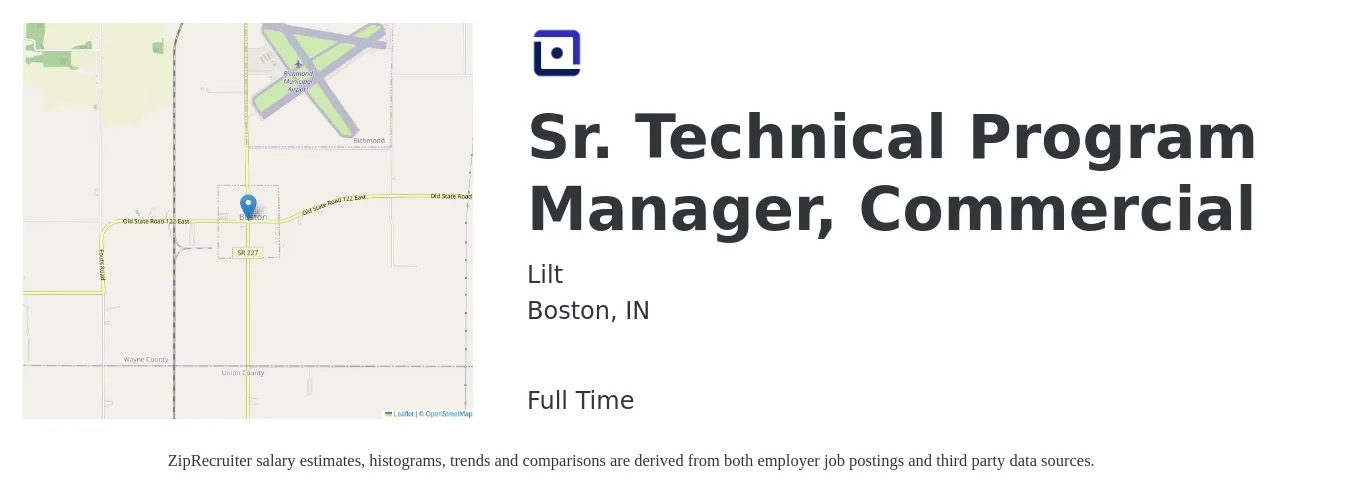 Lilt job posting for a Sr. Technical Program Manager, Commercial in Boston, IN with a salary of $102,600 to $152,000 Yearly with a map of Boston location.