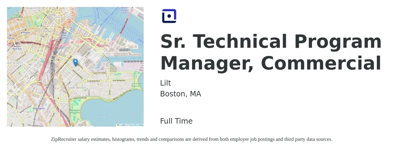 Lilt job posting for a Sr. Technical Program Manager, Commercial in Boston, MA with a salary of $125,500 to $185,800 Yearly with a map of Boston location.