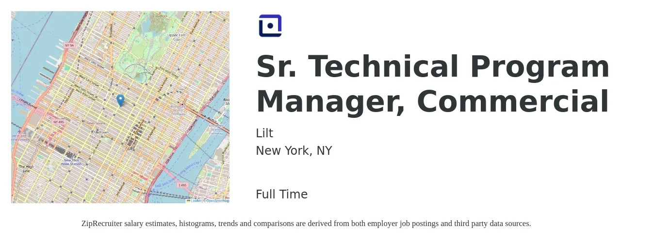 Lilt job posting for a Sr. Technical Program Manager, Commercial in New York, NY with a salary of $126,400 to $187,100 Yearly with a map of New York location.