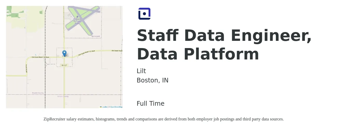 Lilt job posting for a Staff Data Engineer, Data Platform in Boston, IN with a salary of $101,800 to $122,200 Yearly with a map of Boston location.
