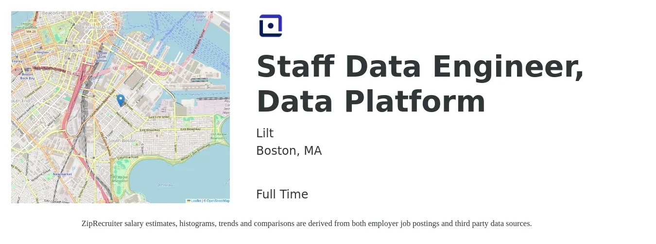 Lilt job posting for a Staff Data Engineer, Data Platform in Boston, MA with a salary of $124,400 to $149,400 Yearly with a map of Boston location.
