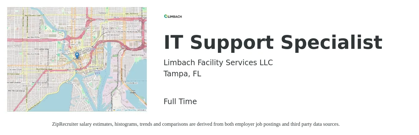Limbach Facility Services LLC job posting for a IT Support Specialist in Tampa, FL with a salary of $43,900 to $88,800 Yearly with a map of Tampa location.