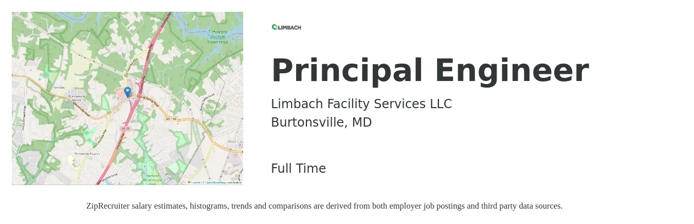 Limbach Facility Services LLC job posting for a Principal Engineer in Burtonsville, MD with a salary of $108,300 to $158,100 Yearly with a map of Burtonsville location.