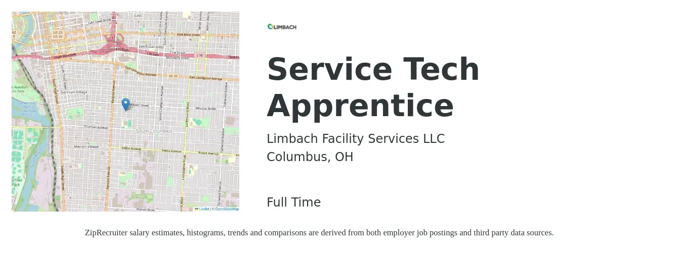 Limbach Facility Services LLC job posting for a Service Tech Apprentice in Columbus, OH with a salary of $16 to $21 Hourly with a map of Columbus location.