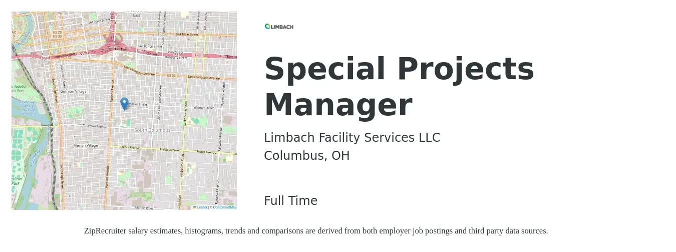 Limbach Facility Services LLC job posting for a Special Projects Manager in Columbus, OH with a salary of $62,300 to $99,900 Yearly with a map of Columbus location.