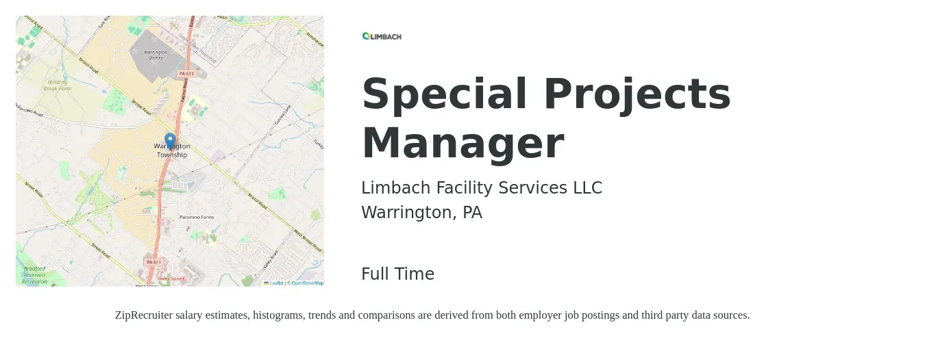 Limbach Facility Services LLC job posting for a Special Projects Manager in Warrington, PA with a salary of $63,300 to $101,500 Yearly with a map of Warrington location.