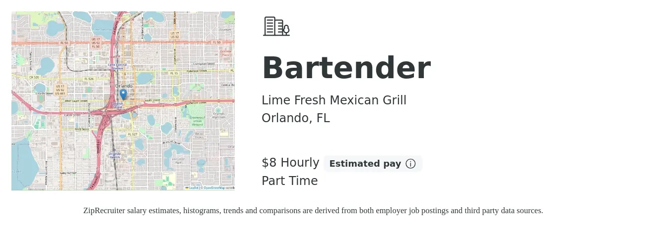 Lime Fresh Mexican Grill job posting for a Bartender in Orlando, FL with a salary of $9 Hourly with a map of Orlando location.