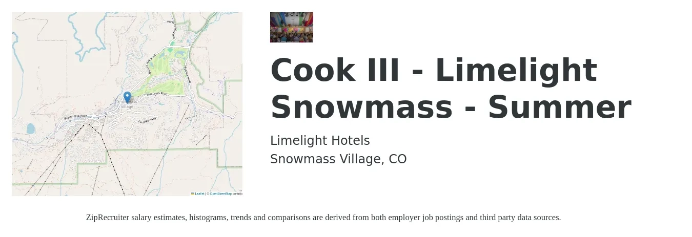 Limelight Hotels job posting for a Cook III - Limelight Snowmass - Summer in Snowmass Village, CO with a salary of $16 to $22 Hourly with a map of Snowmass Village location.
