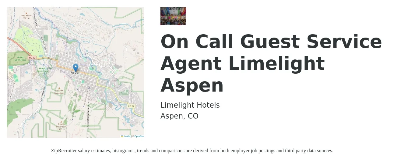 Limelight Hotels job posting for a On Call Guest Service Agent Limelight Aspen in Aspen, CO with a salary of $18 to $23 Hourly with a map of Aspen location.