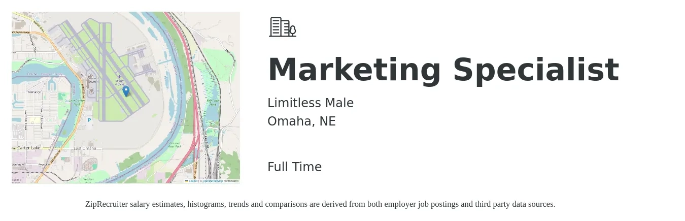 Limitless Male job posting for a Marketing Specialist in Omaha, NE with a salary of $43,100 to $63,600 Yearly with a map of Omaha location.