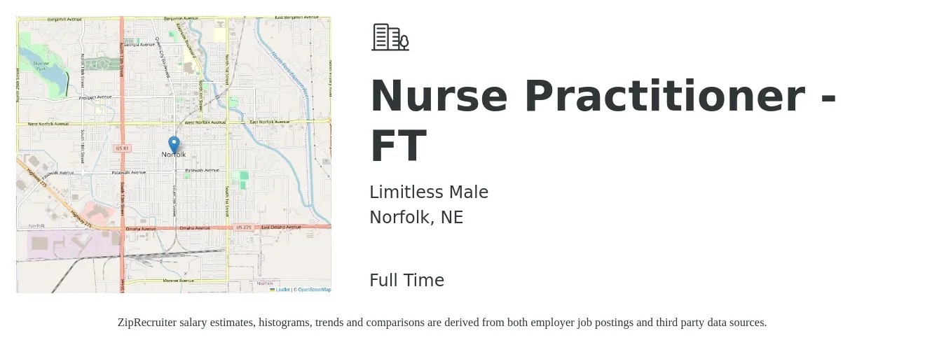 Limitless Male job posting for a Nurse Practitioner - FT in Norfolk, NE with a salary of $106,400 to $147,800 Yearly with a map of Norfolk location.