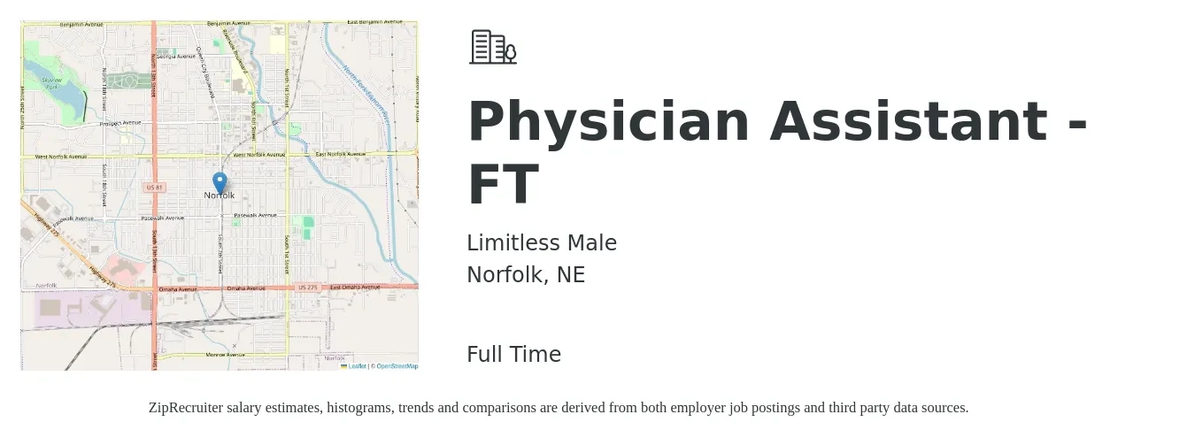 Limitless Male job posting for a Physician Assistant - FT in Norfolk, NE with a salary of $98,500 to $133,500 Yearly with a map of Norfolk location.