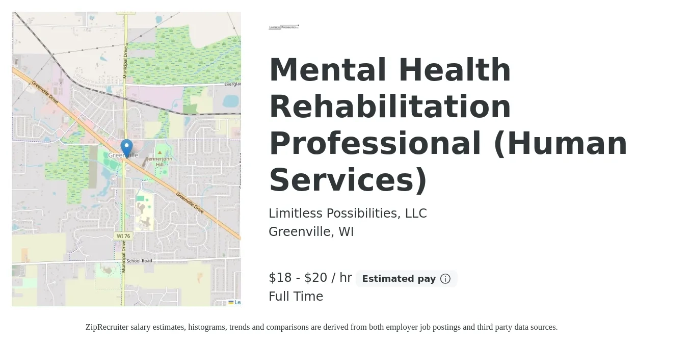 Limitless Possibilities, LLC job posting for a Mental Health Rehabilitation Professional (Human Services) in Greenville, WI with a salary of $20 to $22 Hourly with a map of Greenville location.