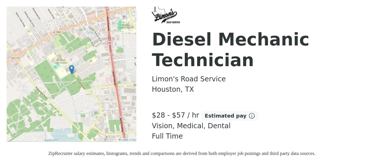 Limon's Road Service job posting for a Diesel Mechanic Technician in Houston, TX with a salary of $30 to $60 Hourly (plus commission) and benefits including medical, pto, retirement, vision, dental, and life_insurance with a map of Houston location.