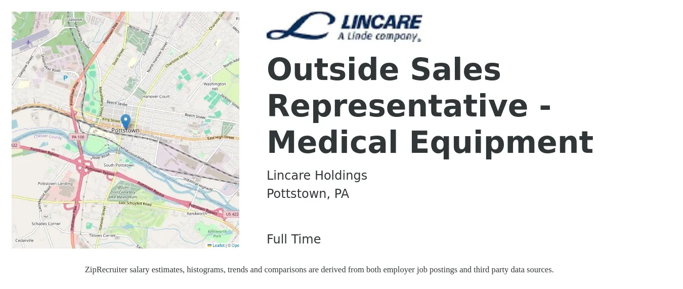 Lincare Holdings job posting for a Outside Sales Representative - Medical Equipment in Pottstown, PA with a salary of $51,000 to $87,500 Yearly with a map of Pottstown location.