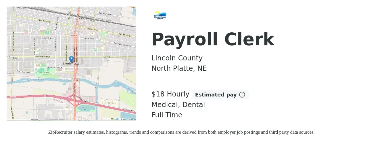 Lincoln County job posting for a Payroll Clerk in North Platte, NE with a salary of $19 Hourly and benefits including medical, pto, retirement, dental, and life_insurance with a map of North Platte location.