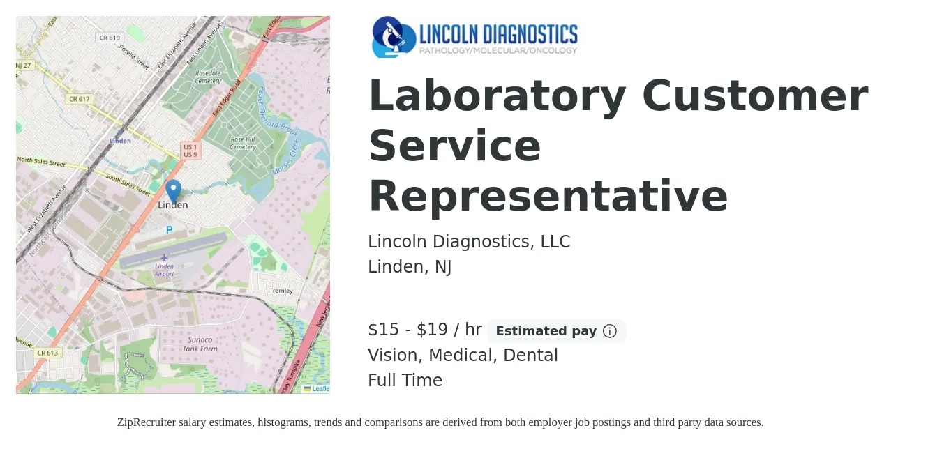 Lincoln Diagnostics, LLC job posting for a Laboratory Customer Service Representative in Linden, NJ with a salary of $16 to $20 Hourly and benefits including dental, life_insurance, medical, pto, retirement, and vision with a map of Linden location.