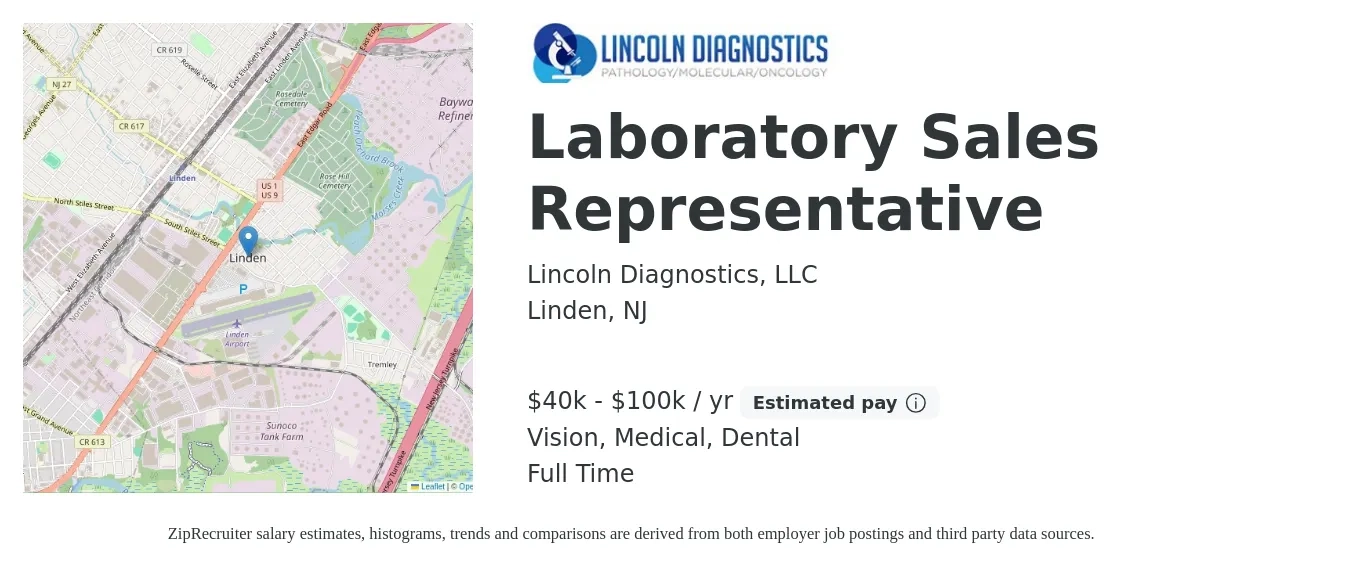 Lincoln Diagnostics, LLC job posting for a Laboratory Sales Representative in Linden, NJ with a salary of $40,000 to $100,000 Yearly and benefits including life_insurance, medical, pto, retirement, vision, and dental with a map of Linden location.