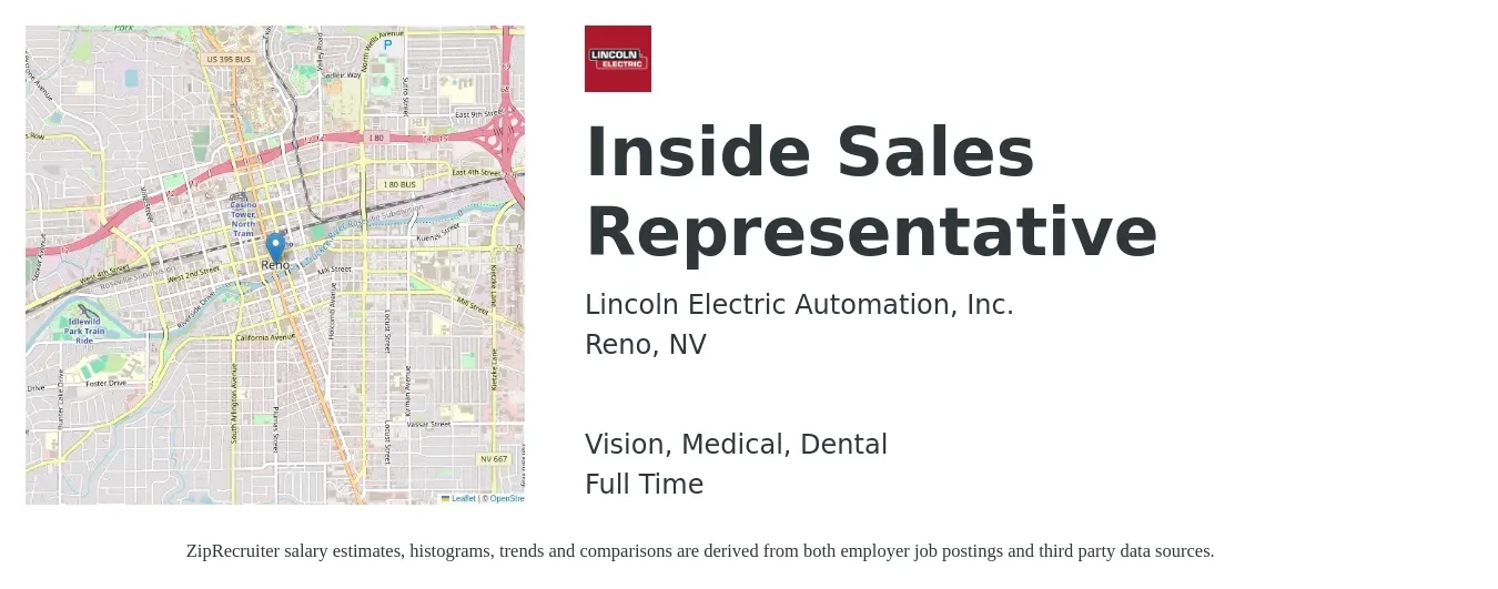 Lincoln Electric Automation, Inc. job posting for a Inside Sales Representative in Reno, NV with a salary of $39,400 to $58,800 Yearly and benefits including retirement, vision, dental, life_insurance, and medical with a map of Reno location.