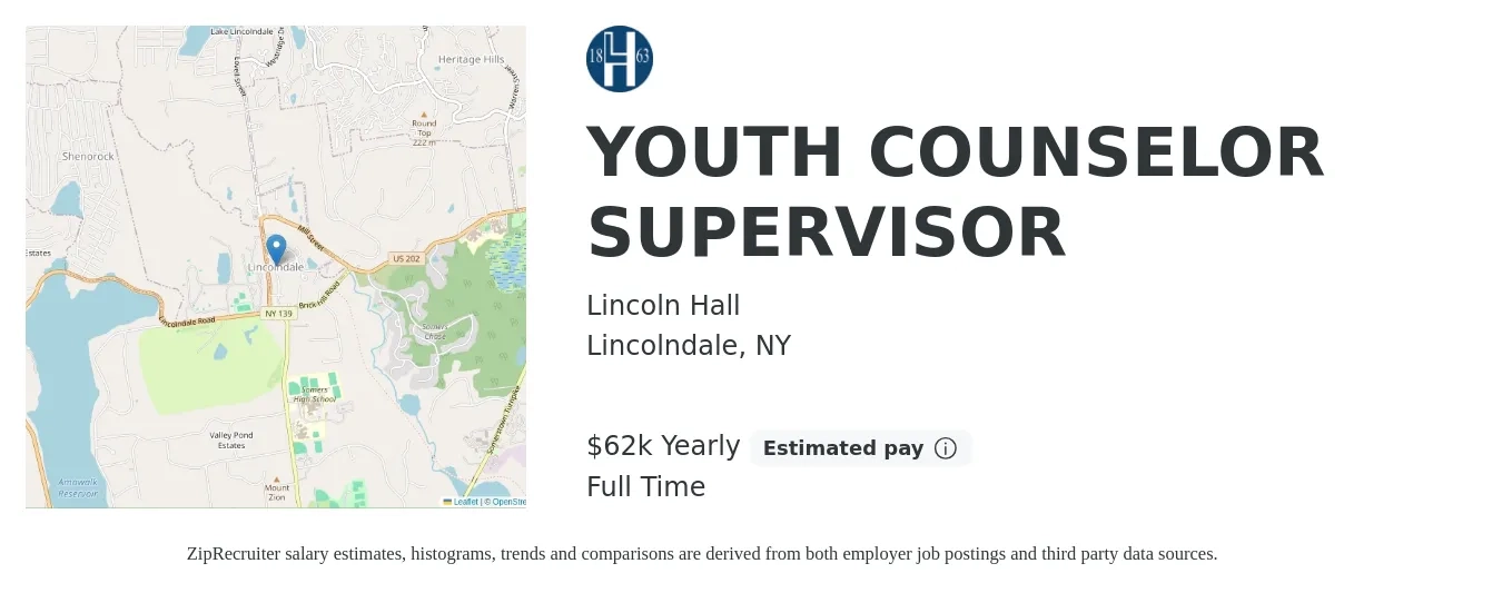 Lincoln Hall job posting for a YOUTH COUNSELOR SUPERVISOR in Lincolndale, NY with a salary of $62,500 Yearly with a map of Lincolndale location.