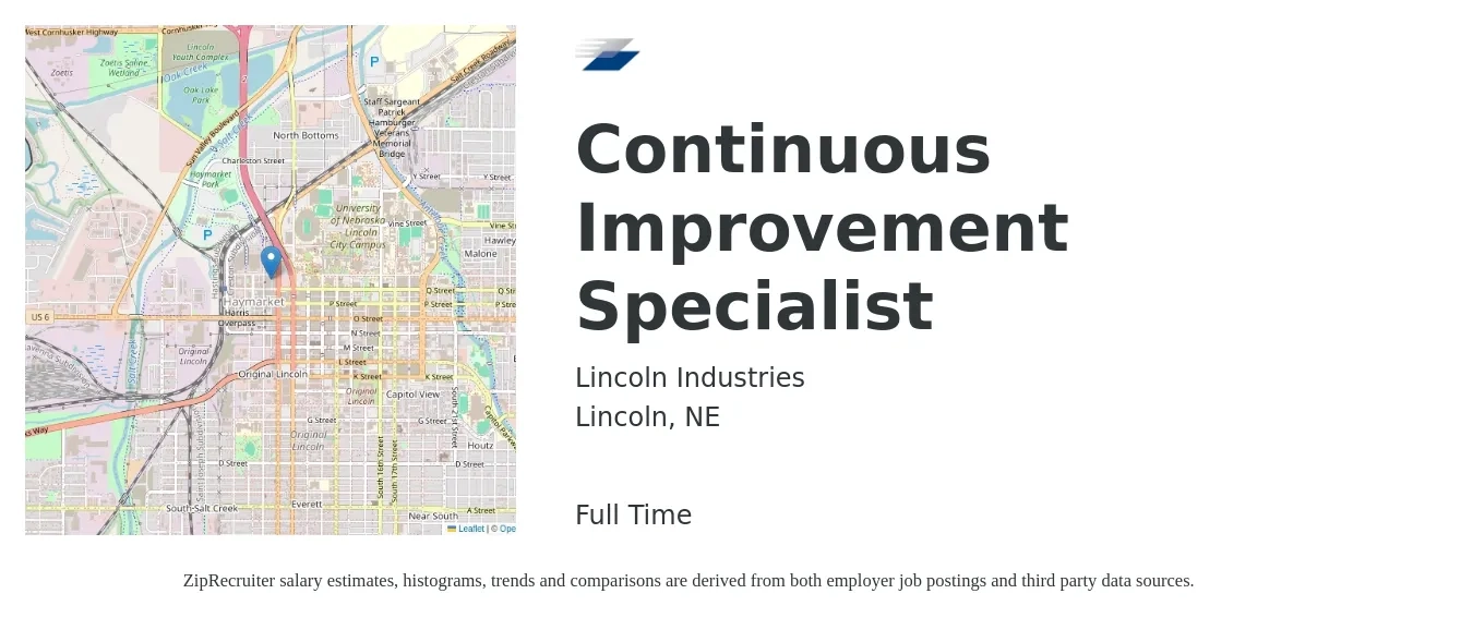 Lincoln Industries job posting for a Continuous Improvement Specialist in Lincoln, NE with a salary of $60,900 to $77,900 Yearly and benefits including medical, retirement, vision, dental, and life_insurance with a map of Lincoln location.
