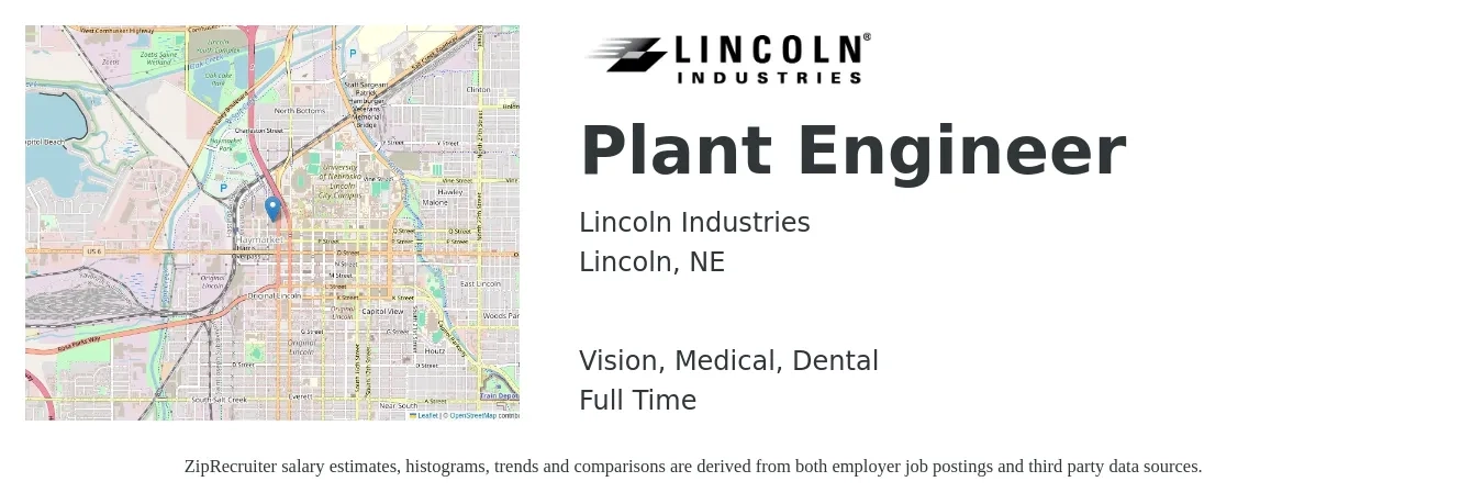 Lincoln Industries job posting for a Plant Engineer in Lincoln, NE with a salary of $68,300 to $104,500 Yearly with a map of Lincoln location.