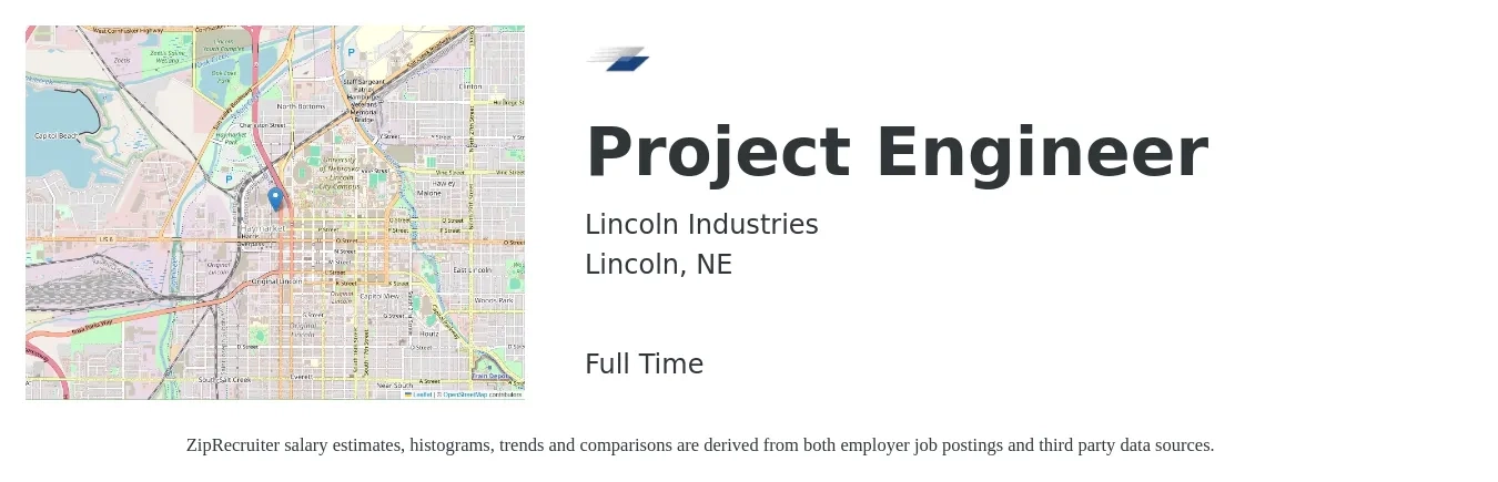 Lincoln Industries job posting for a Project Engineer in Lincoln, NE with a salary of $64,400 to $90,100 Yearly with a map of Lincoln location.