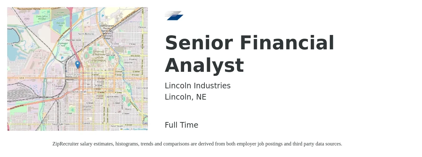 Lincoln Industries job posting for a Senior Financial Analyst in Lincoln, NE with a salary of $74,400 to $92,700 Yearly with a map of Lincoln location.