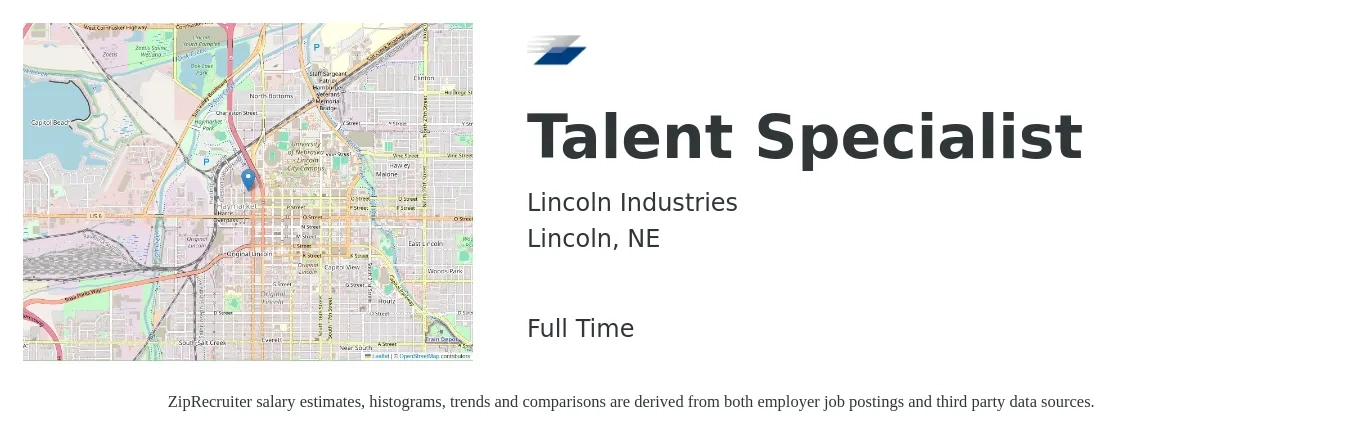 Lincoln Industries job posting for a Talent Specialist in Lincoln, NE with a salary of $22 to $31 Hourly and benefits including dental, life_insurance, medical, retirement, and vision with a map of Lincoln location.